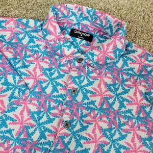 Druids Mens Medium White Blue Pink AOP Floral Performance Stretch Polo SS